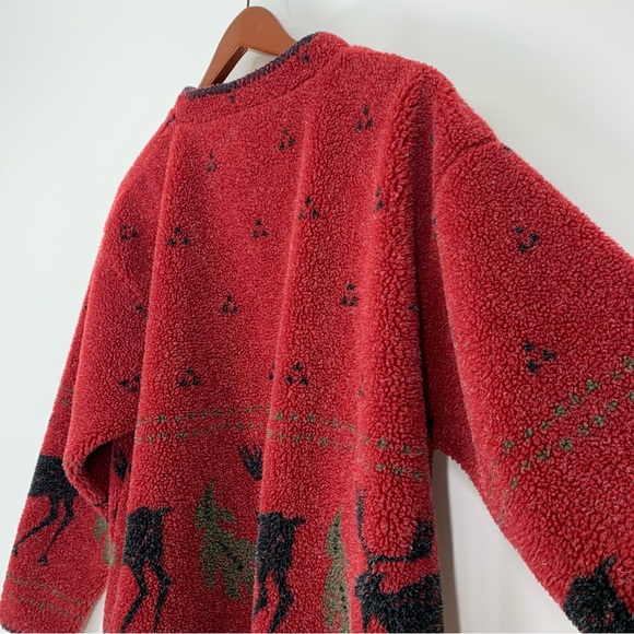 Alps Finest Quality Apparel Moose Print Winter Teddy Red Sweatshirt Size Large - Picture 10 of 16